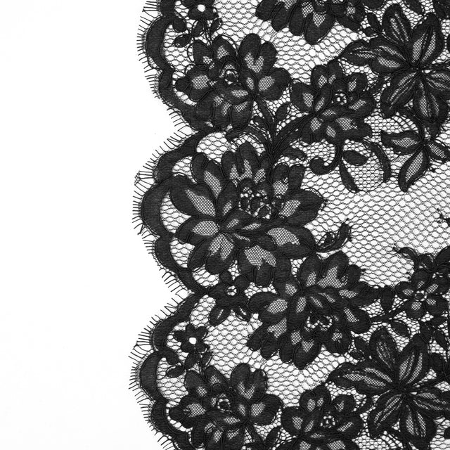 Black Floral Fancy Corded Lace with Scalloped Eyelash Edges
