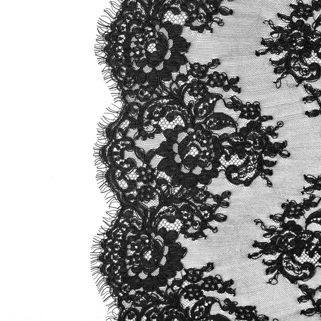 Fancy Corded Lace with Scalloped Eyelash Edges - Black Floral Chevrons