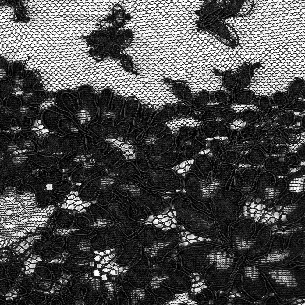 Fancy Corded Lace with Scalloped Eyelash Edges - Black Floral Twists - Detail - Image 3 of 4
