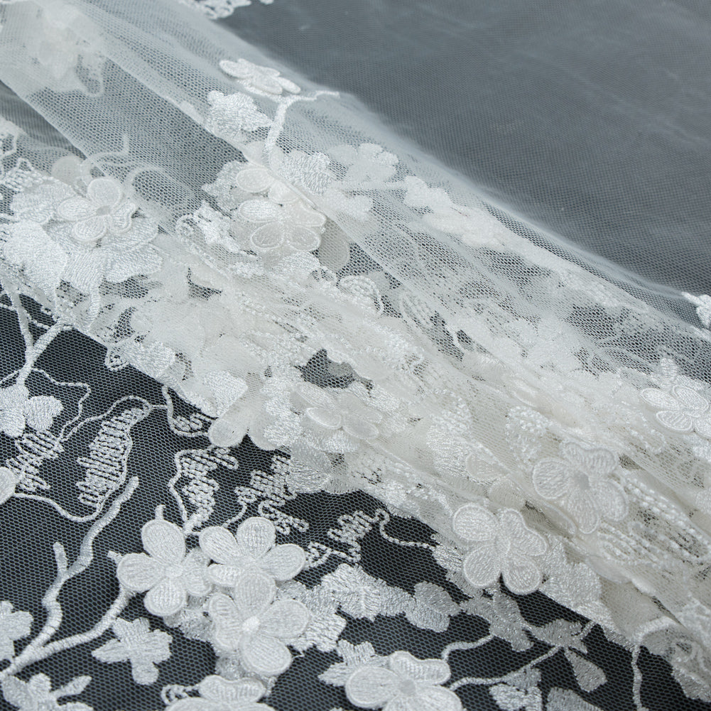 Off-White 3D Floral Embroidered Lace on a Stretch Netting - Detail