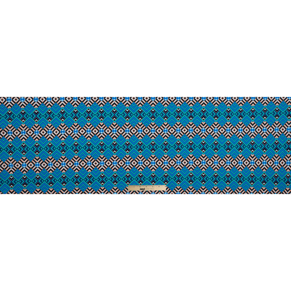 Campanula Blue and Shell Coral Geometric Cotton Poplin - Folded