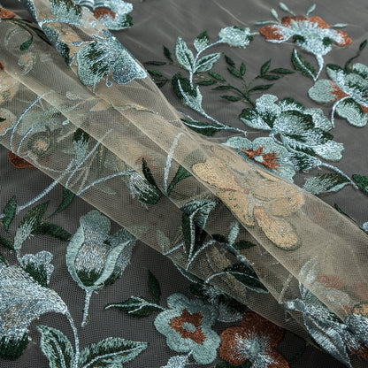 Metallic Whispering Blue, Greener Pastures and Sierra Floral Embroidered Lace on a Nude Netting Folded