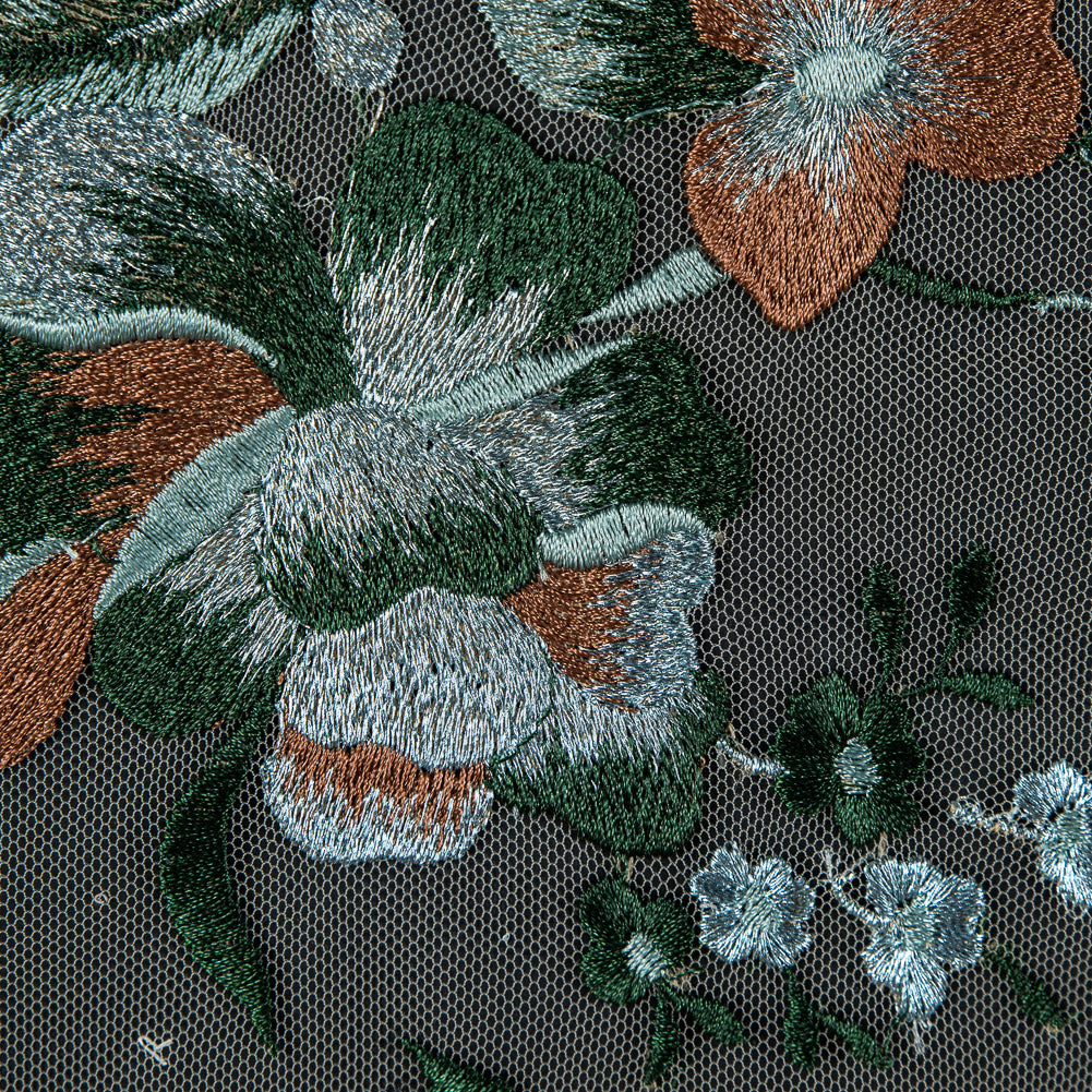 Metallic Whispering Blue, Greener Pastures and Sierra Floral Embroidered Lace on a Nude Netting Detail