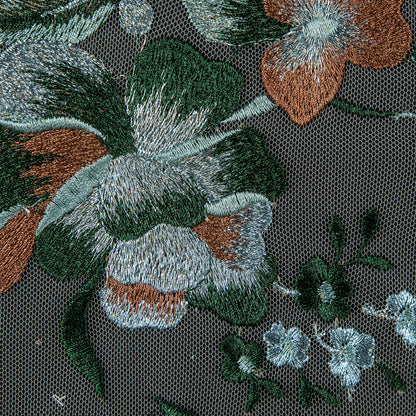 Metallic Whispering Blue, Greener Pastures and Sierra Floral Embroidered Lace on a Nude Netting Detail