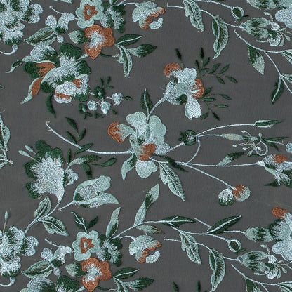 Metallic Whispering Blue, Greener Pastures and Sierra Floral Embroidered Lace on a Nude Netting