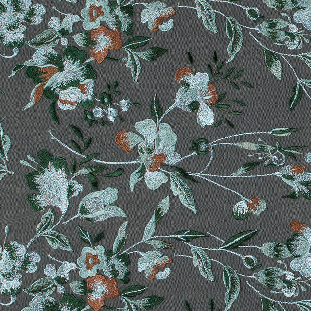 Metallic Whispering Blue, Greener Pastures and Sierra Floral Embroidered Lace on a Nude Netting