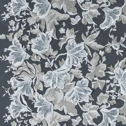 White and Pale Gold 3D Floral Embroidered Lace on a White Netting