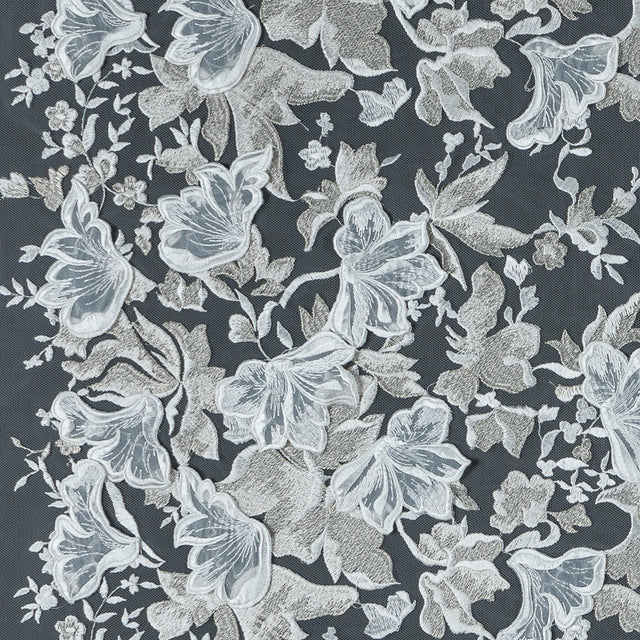 White and Pale Gold 3D Floral Embroidered Lace on a White Netting