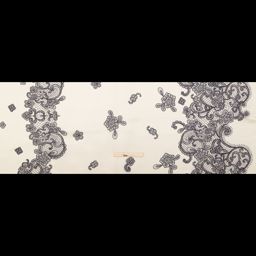 Italian Black on Putty Floral Lace Border Digitally Printed Silk Organza - Folded