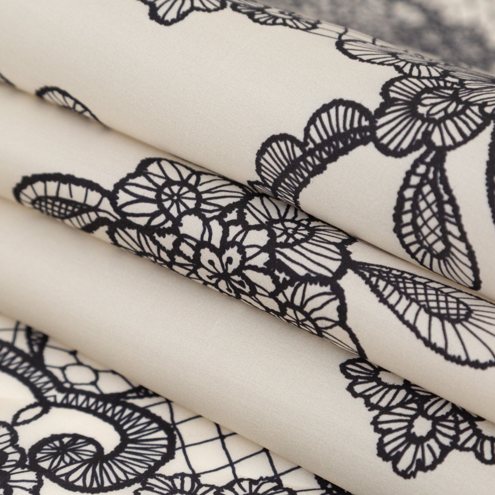 Italian Black on Putty Floral Lace Border Digitally Printed Silk Organza - Detail