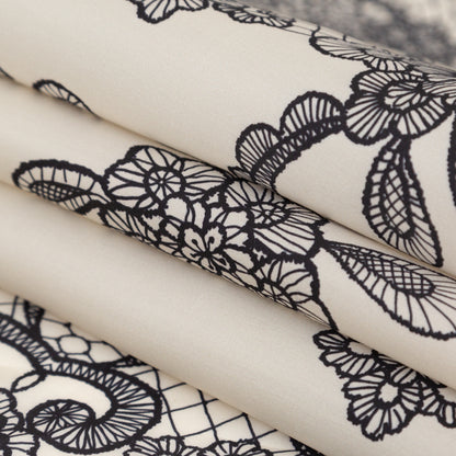 Italian Black on Putty Floral Lace Border Digitally Printed Silk Organza - Detail
