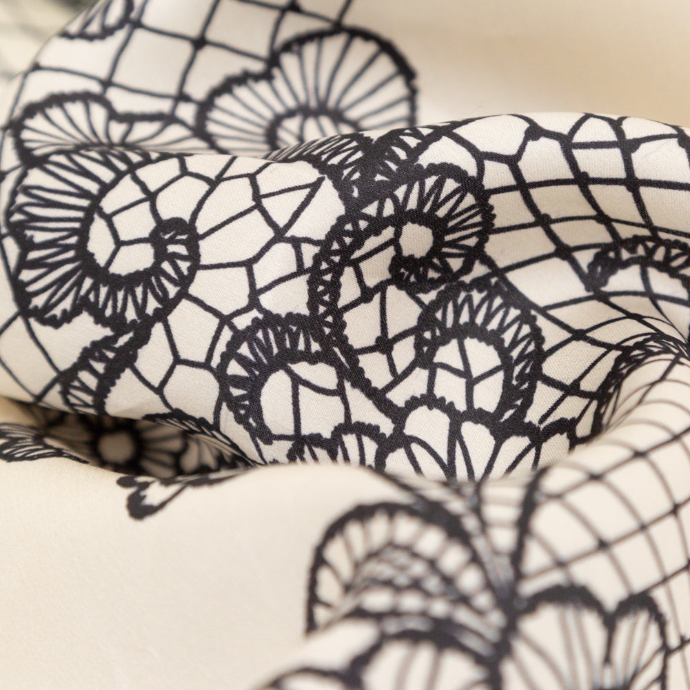 Italian Black on Putty Floral Lace Border Digitally Printed Silk Organza - Full