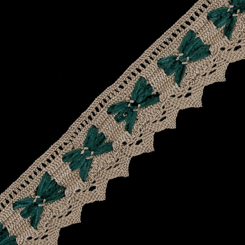 Beige Crochet Trim with Green Chenille Inserts - 1.5 - Detail