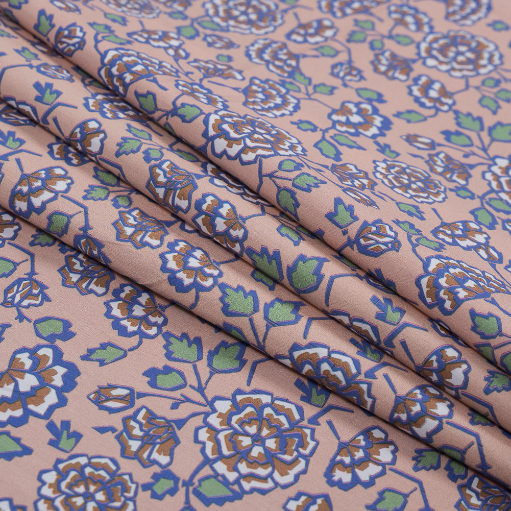 European Beige and Dusted Peri Floral Cotton Poplin - Folded
