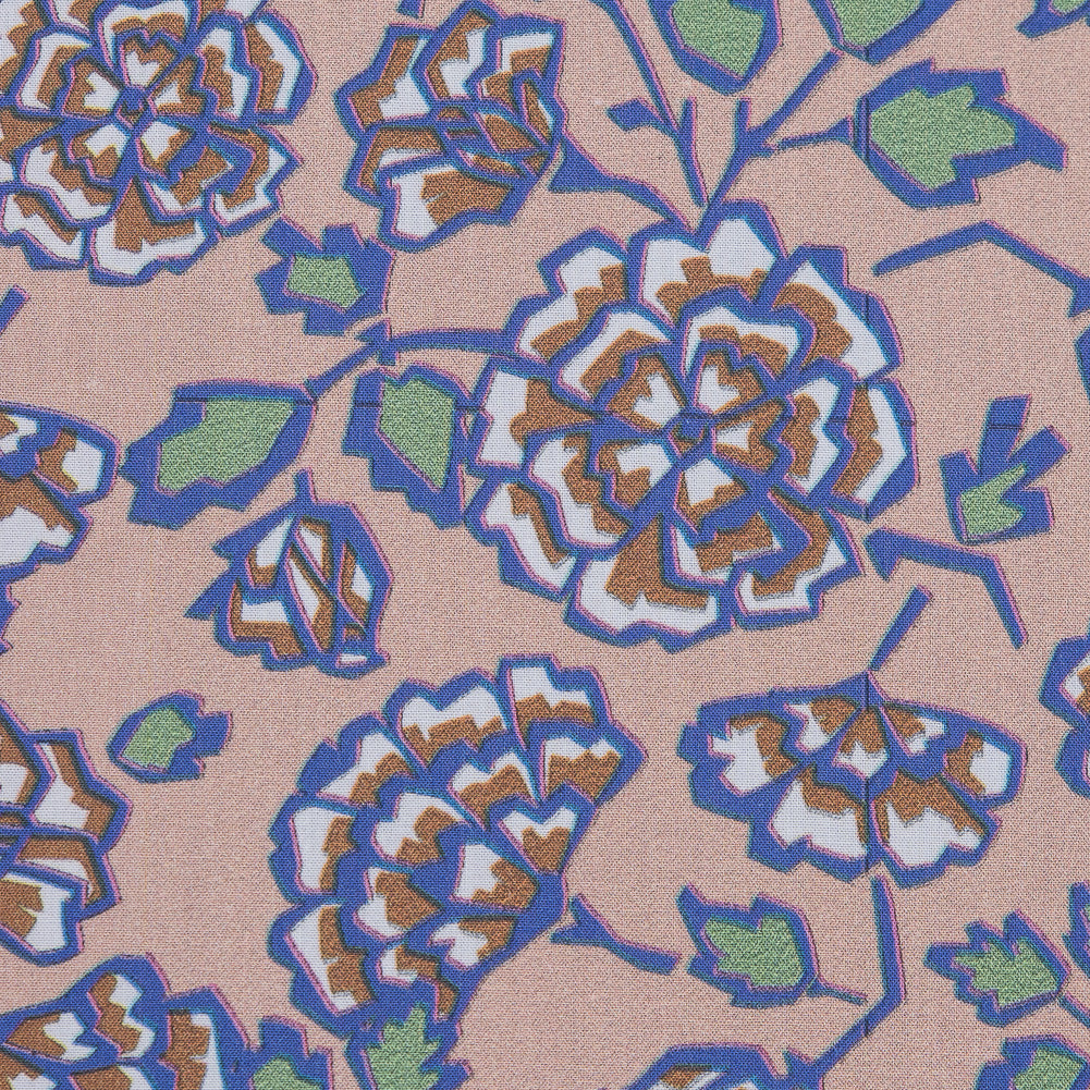 European Beige and Dusted Peri Floral Cotton Poplin - Detail