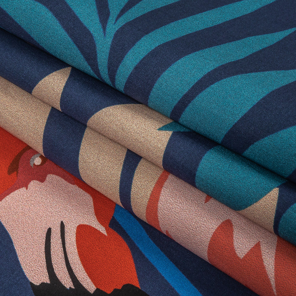 European Navy and Sun Baked Red Flamingo Printed Cotton Poplin - Folded