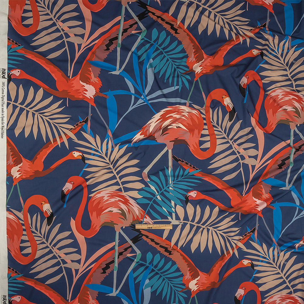 European Navy and Sun Baked Red Flamingo Printed Cotton Poplin - Full