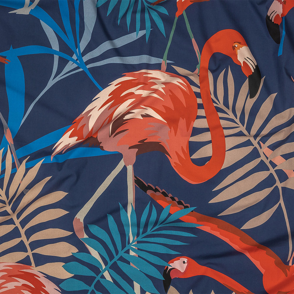 European Navy and Sun Baked Red Flamingo Printed Cotton Poplin