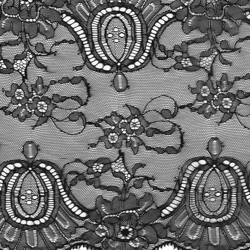 Black Double Scallop Fine Floral Lace Trim - 9.5 - Detail