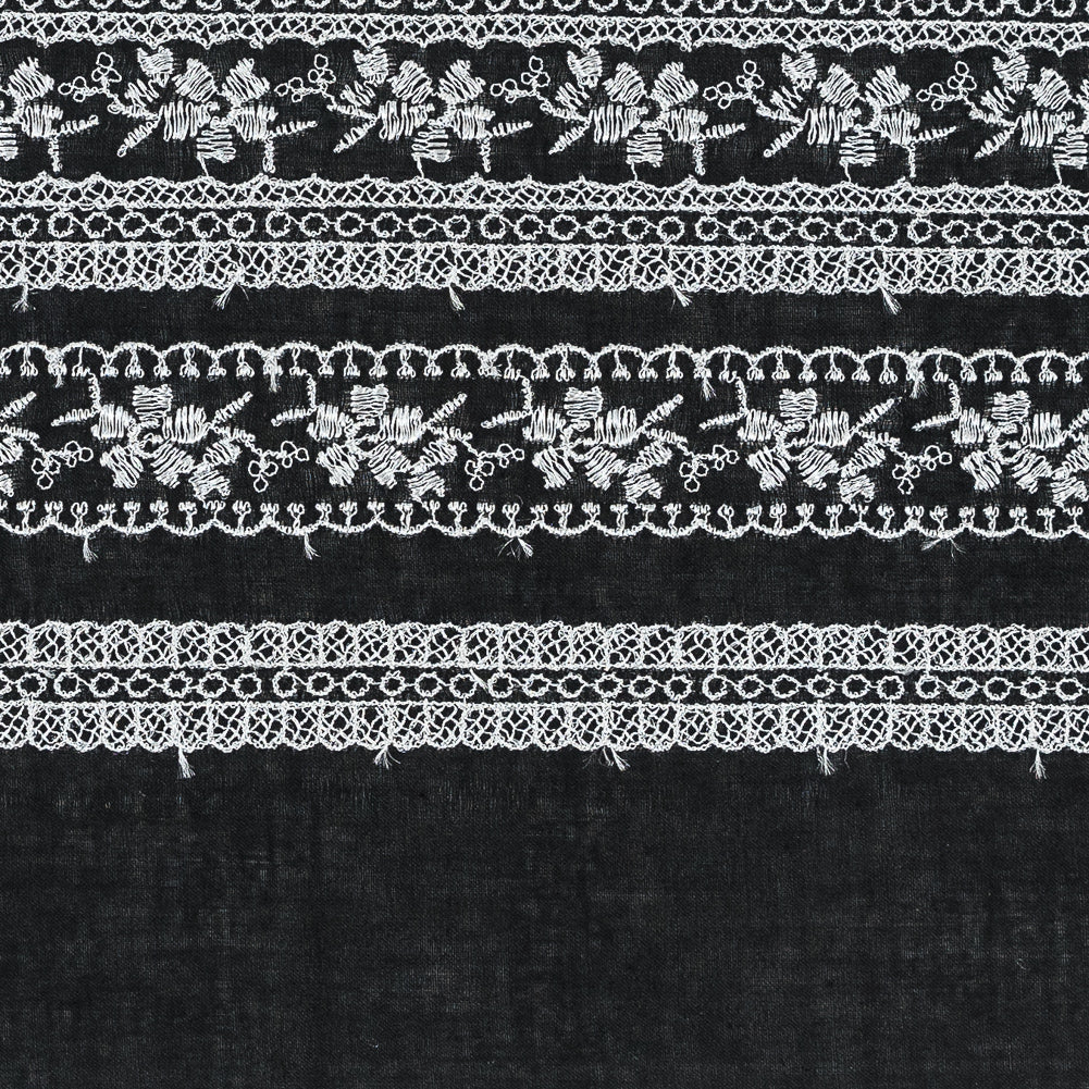 Black and White Striped Floral Embroidered Trim - 6 - Detail
