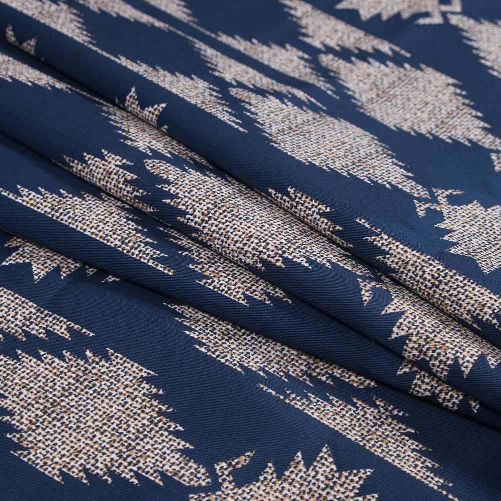 Blue and Beige Geometric Stretch Cotton Twill - Detail