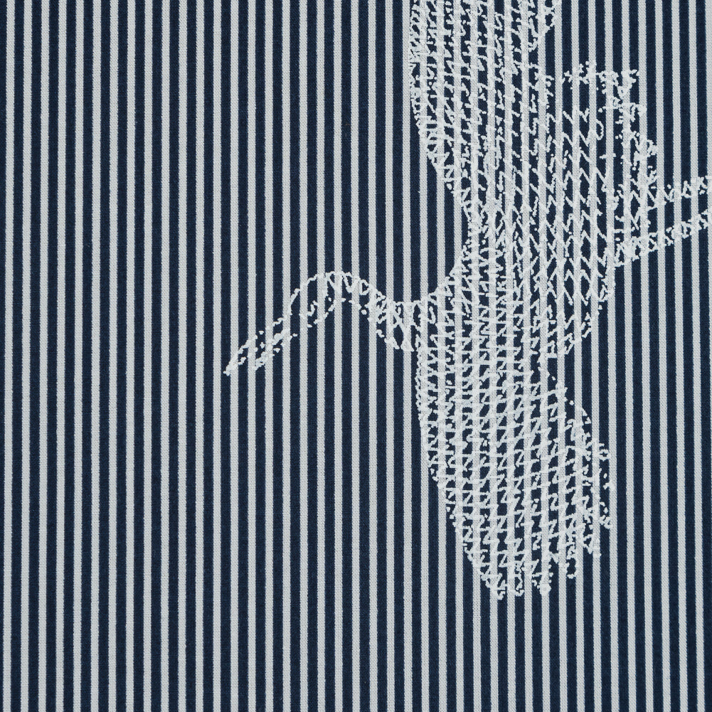 Navy and White Striped Cotton Poplin with Cranes Full