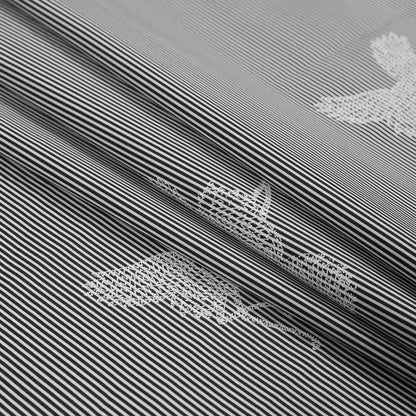 Black and White Striped Cotton Poplin with Cranes Detail