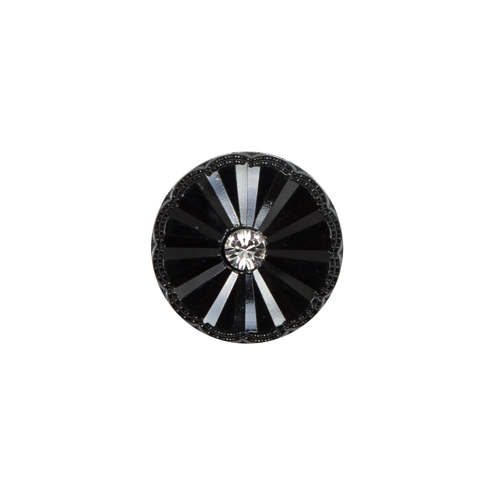 Italian Black Floral Nylon Button with Rhinestone Center - 24L/15mm