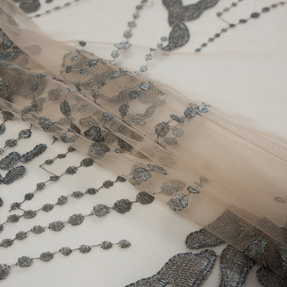 Metallic Silver and Beige Abstract Embroidery on Beige Mesh - Folded