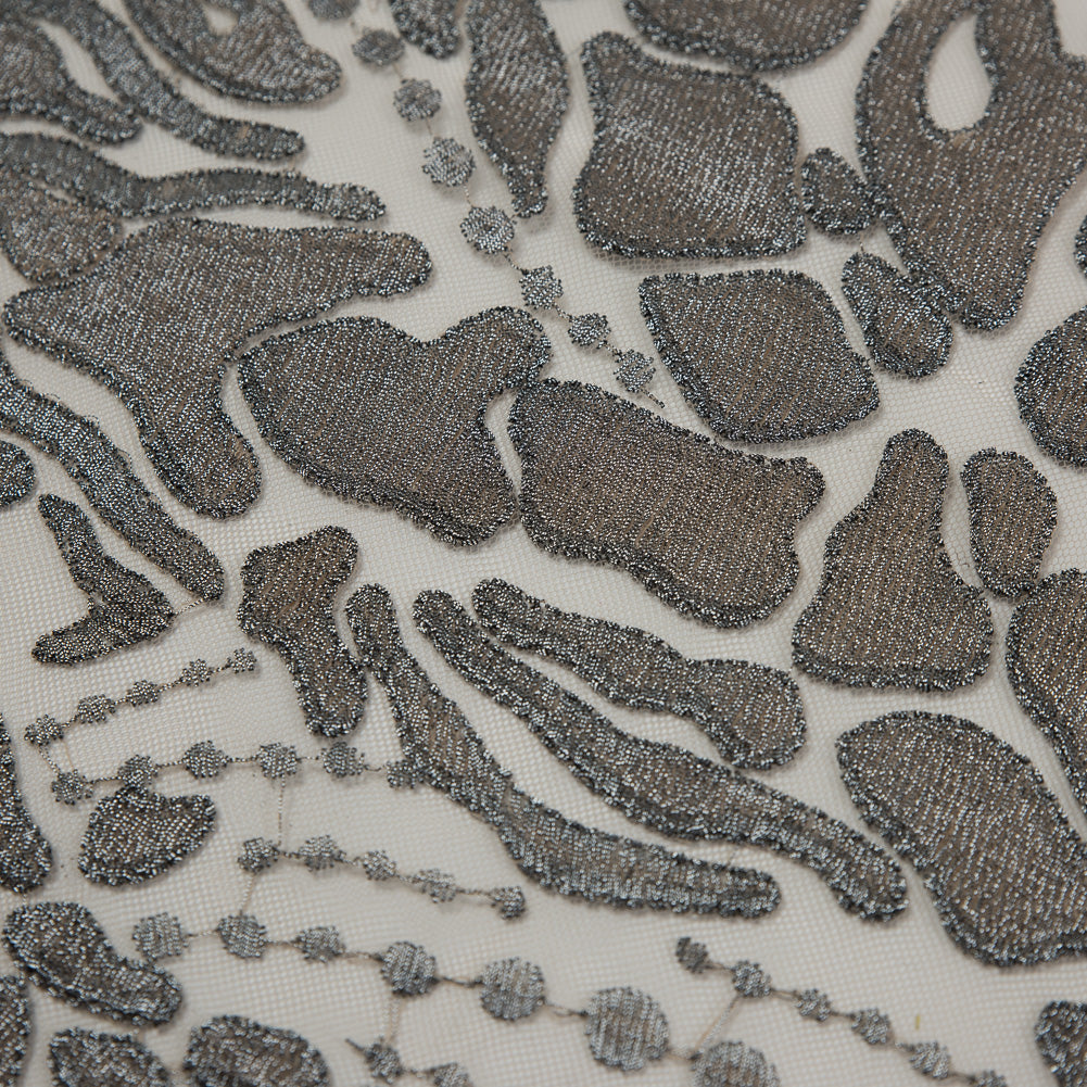 Metallic Silver and Beige Abstract Embroidery on Beige Mesh - Detail