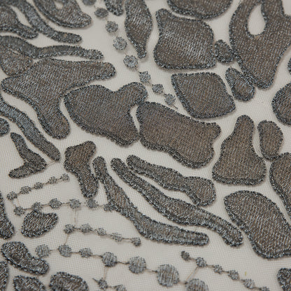 Metallic Silver and Beige Abstract Embroidery on Beige Mesh - Detail