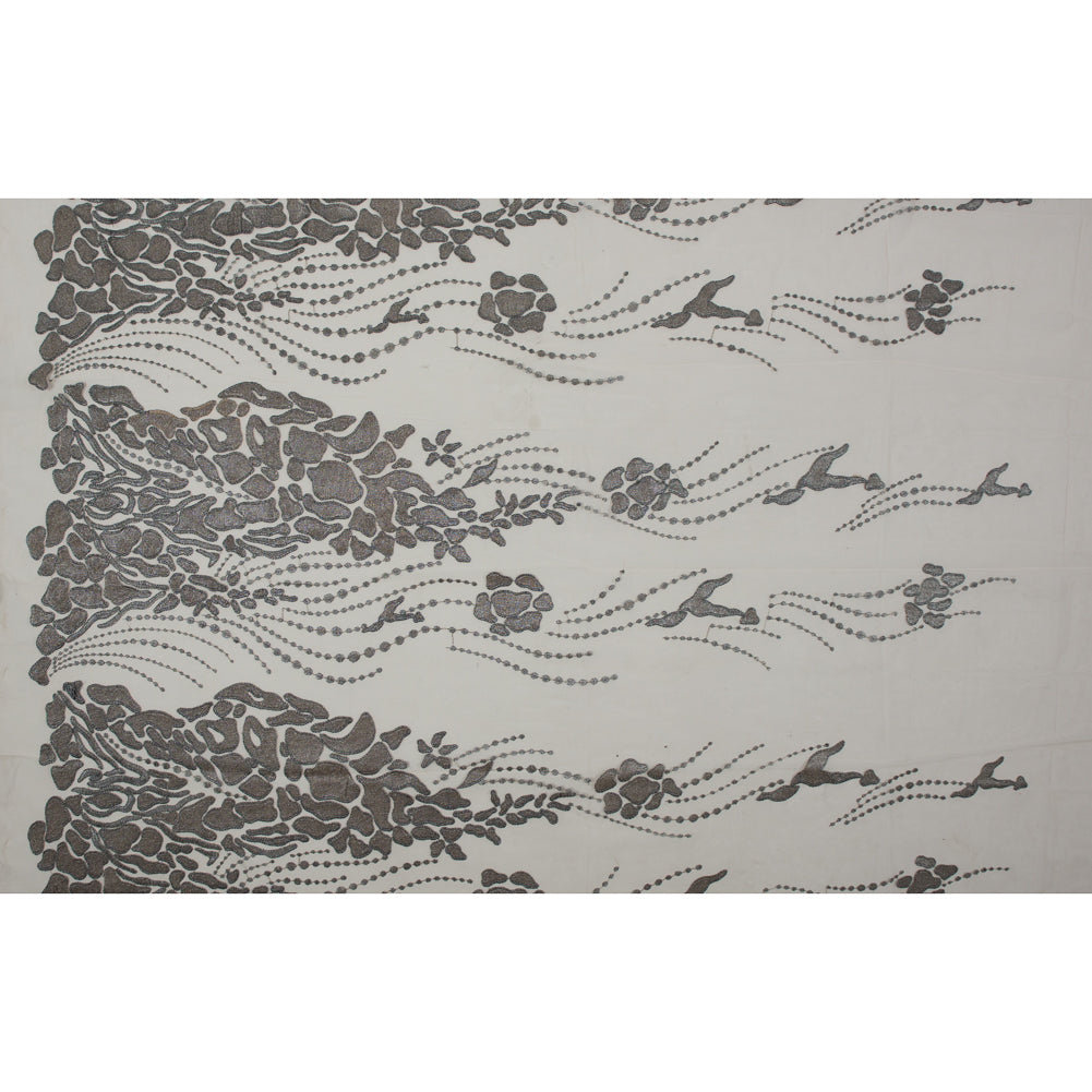 Metallic Silver and Beige Abstract Embroidery on Beige Mesh - Full