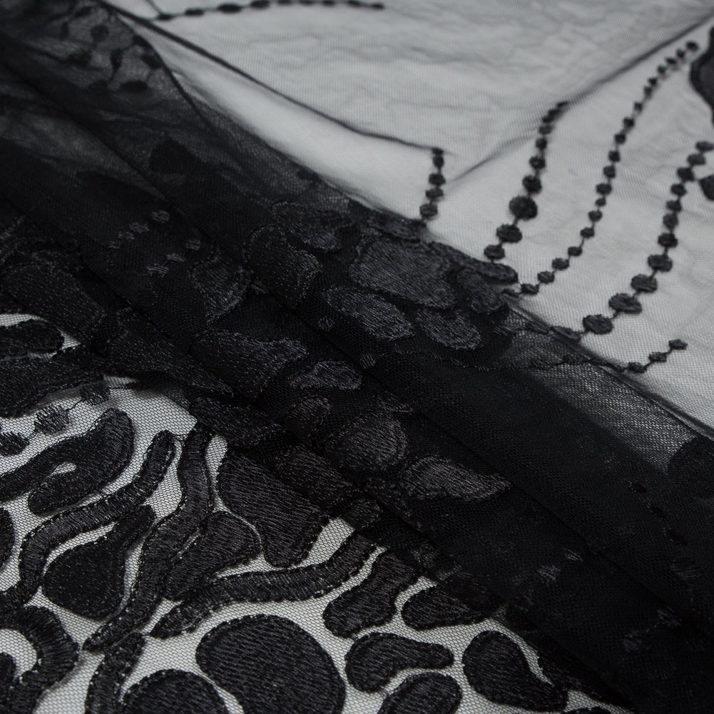Black Abstract Embroidery on Black Mesh Folded