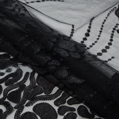 Black Abstract Embroidery on Black Mesh Folded