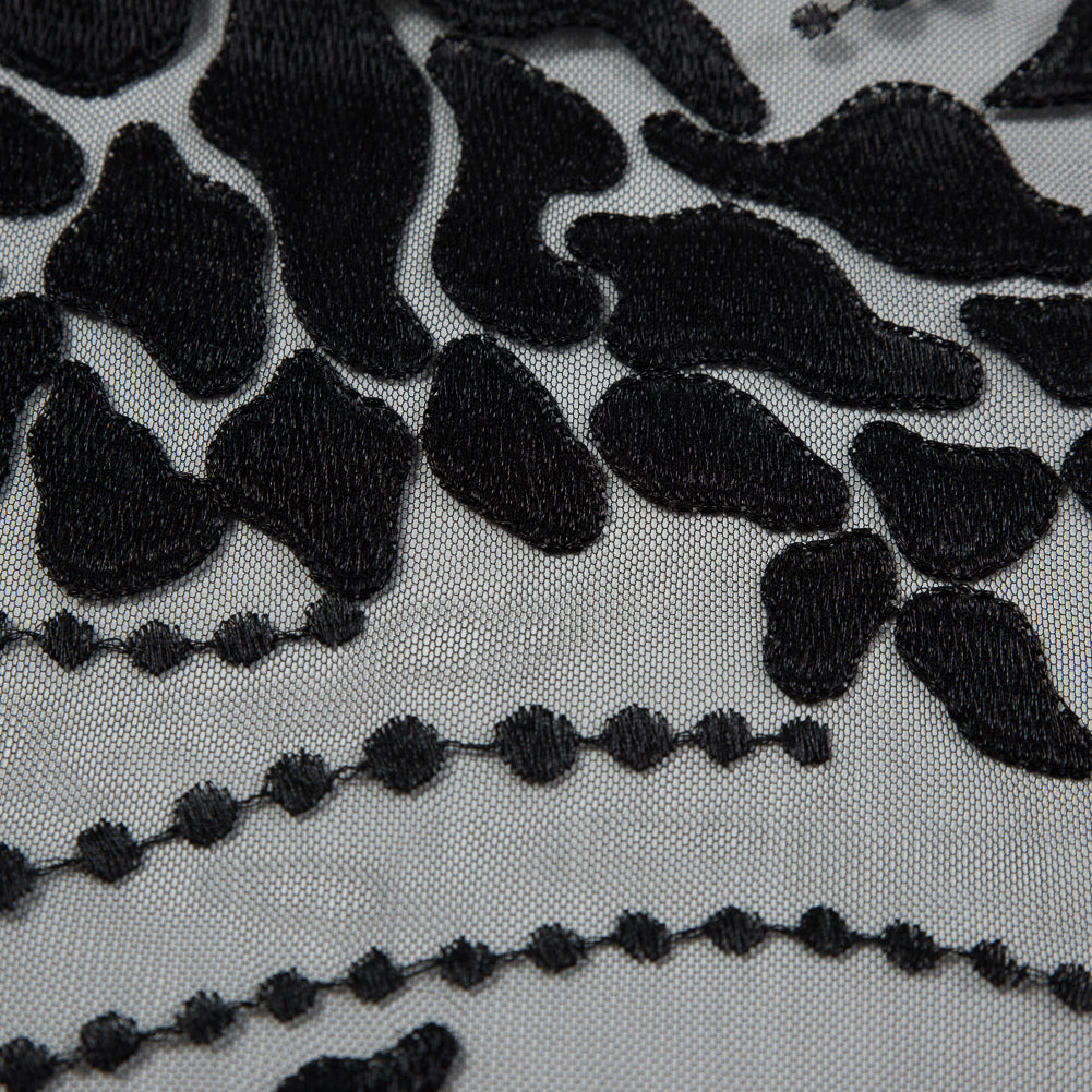 Black Abstract Embroidery on Black Mesh Detail