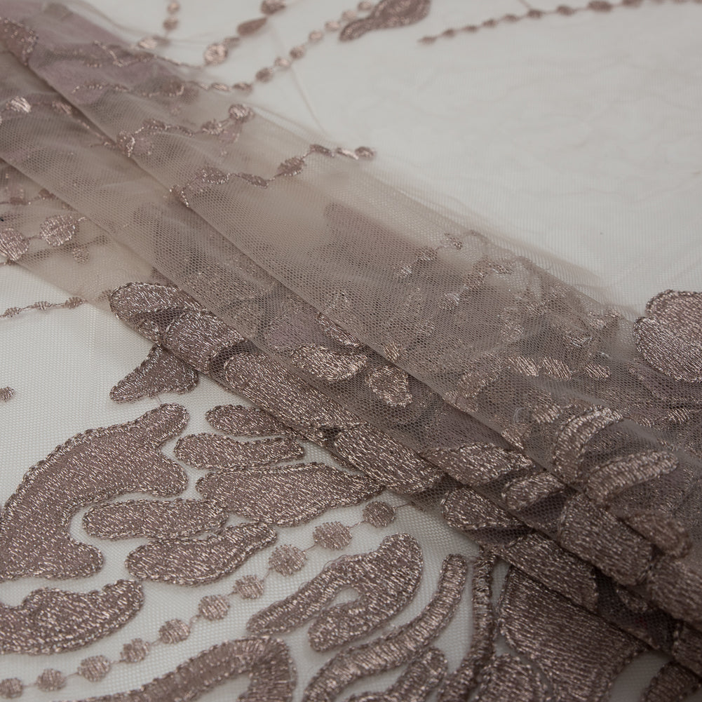 Metallic Mauve Abstract Embroidery on Pink Mesh Folded
