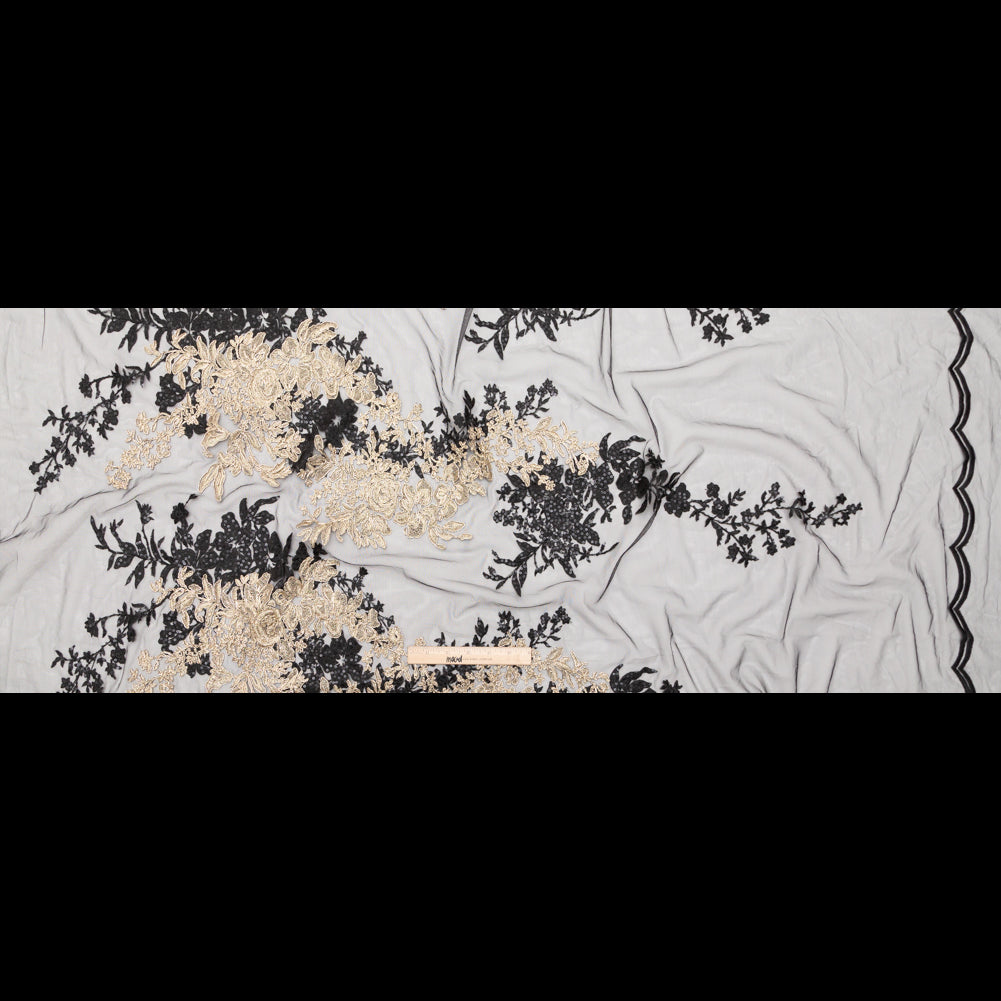 Fancy Black and Metallic Gold Floral Corded and Embroidered Lace with Single Scalloped Edge - Folded