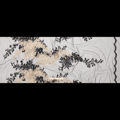 Fancy Black and Metallic Gold Floral Corded and Embroidered Lace with Single Scalloped Edge - Folded