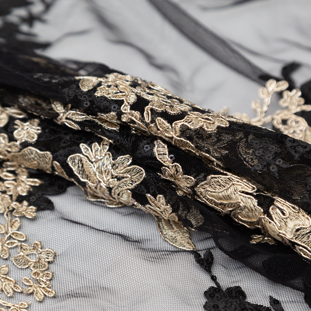 Fancy Black and Metallic Gold Floral Corded and Embroidered Lace with Single Scalloped Edge - Detail