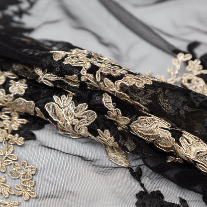 Fancy Black and Metallic Gold Floral Corded and Embroidered Lace with Single Scalloped Edge - Detail