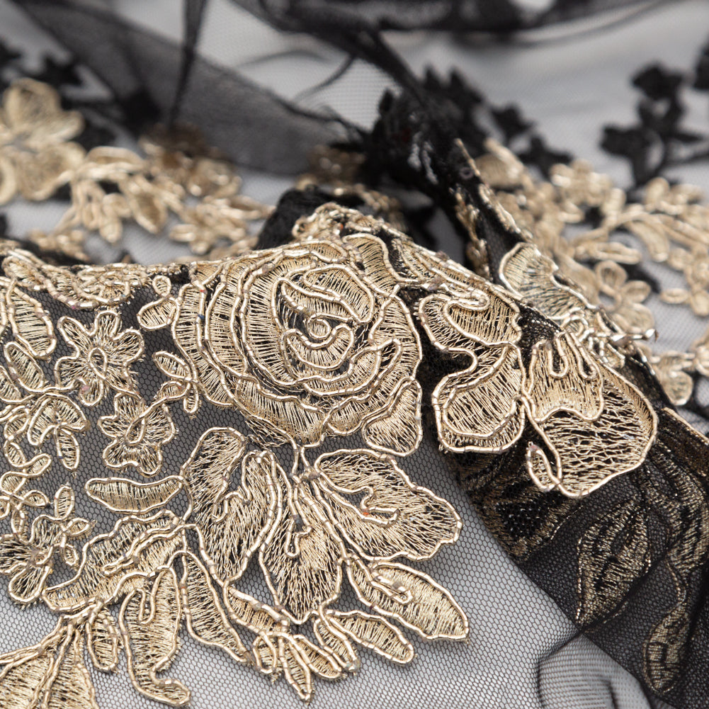 Fancy Black and Metallic Gold Floral Corded and Embroidered Lace with Single Scalloped Edge - Full