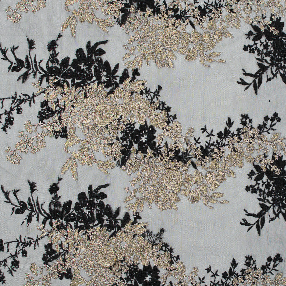 Fancy Black and Metallic Gold Floral Corded and Embroidered Lace with Single Scalloped Edge
