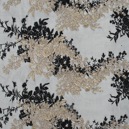Fancy Black and Metallic Gold Floral Corded and Embroidered Lace with Single Scalloped Edge