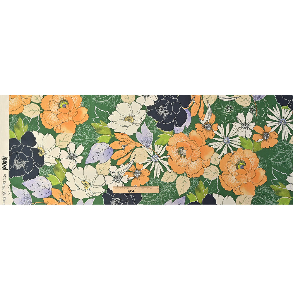 Mood Exclusive Floral Phantasmagoria Green and Orange Stretch Cotton Sateen - Full