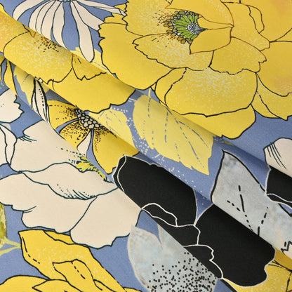 Mood Exclusive Floral Phantasmagoria Sky Blue and Yellow Stretch Cotton Sateen - Folded