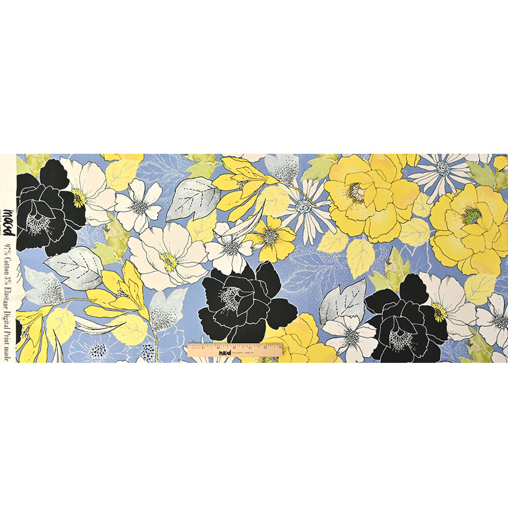 Mood Exclusive Floral Phantasmagoria Sky Blue and Yellow Stretch Cotton Sateen - Full