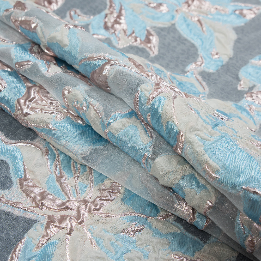 Aqua and Metallic Rose Gold Luxury Floral Burnout Brocade Detail