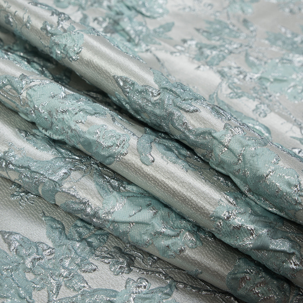 Pale Gold and Seafoam Blue Luxury Floral Metallic Brocade - Folded