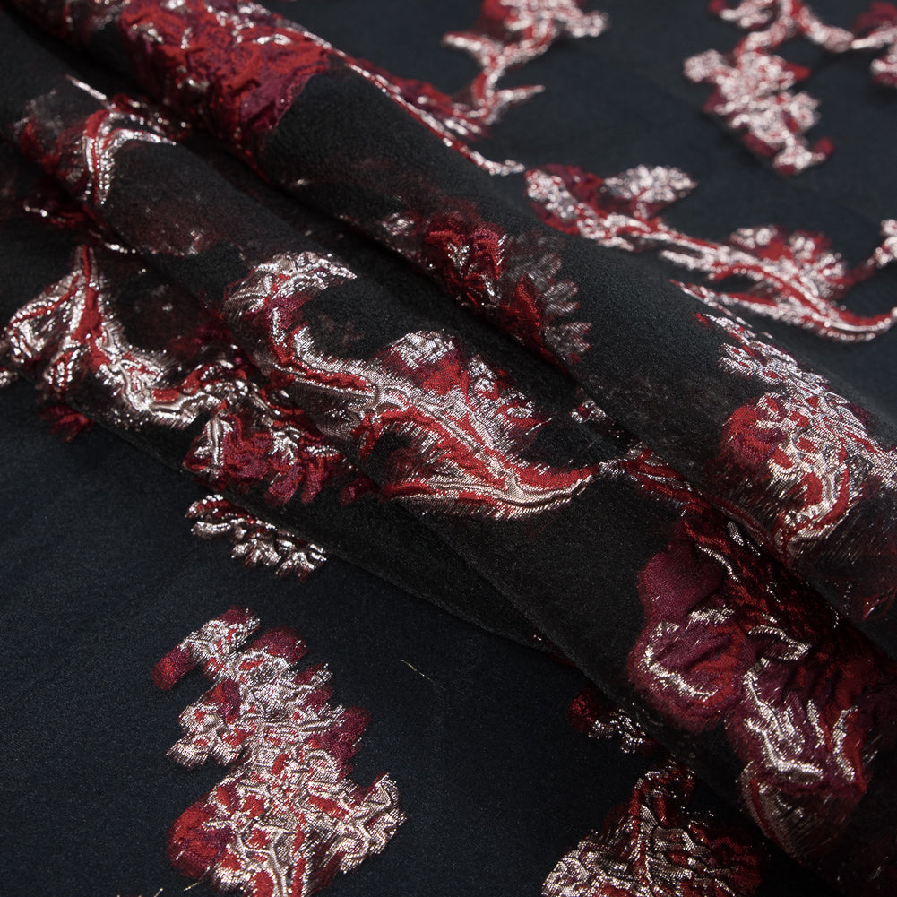 Red and Metallic Silver Luxury Abstract Burnout Brocade - Detail