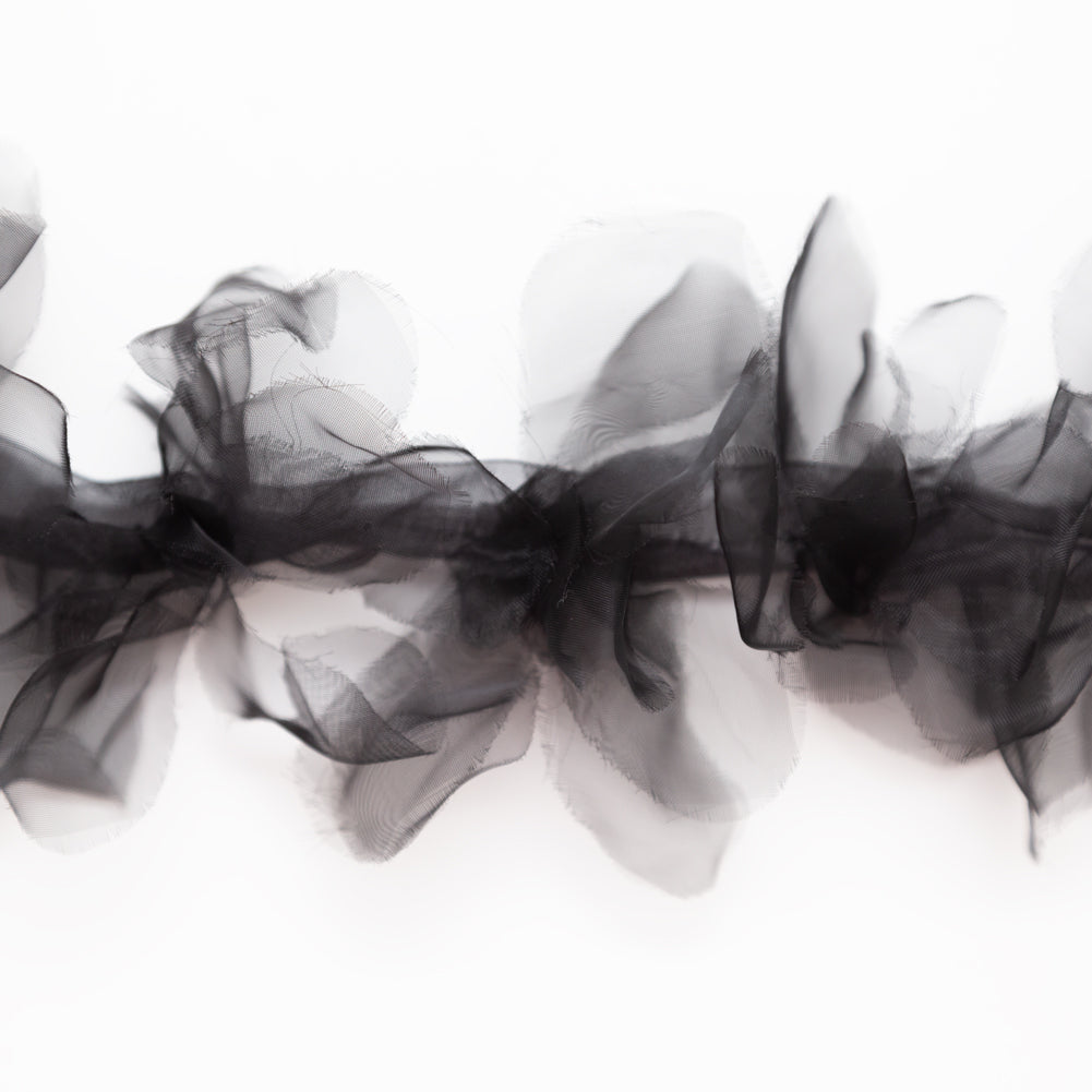 Italian Black 3D Organdy Floral Trim - 4" Detail